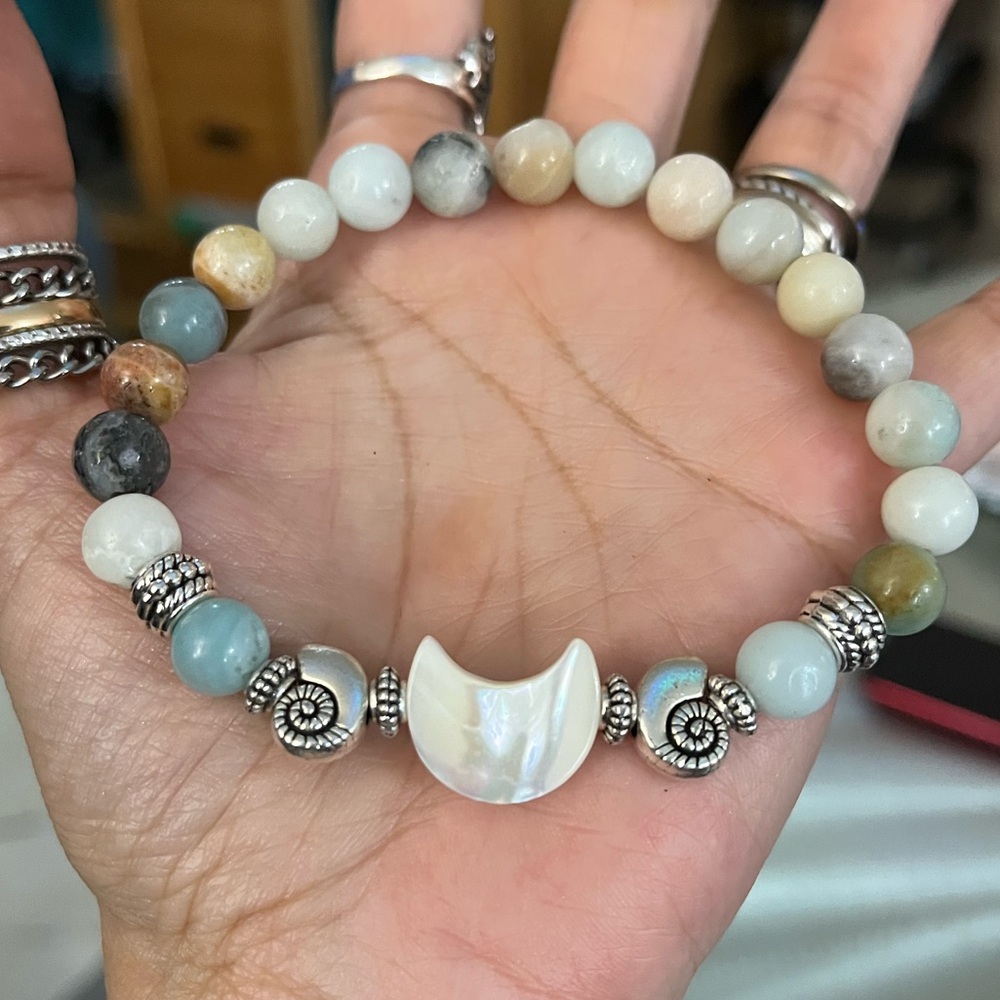 Made to order amazonite beads mother of pearl moon charm shell charms bracelet